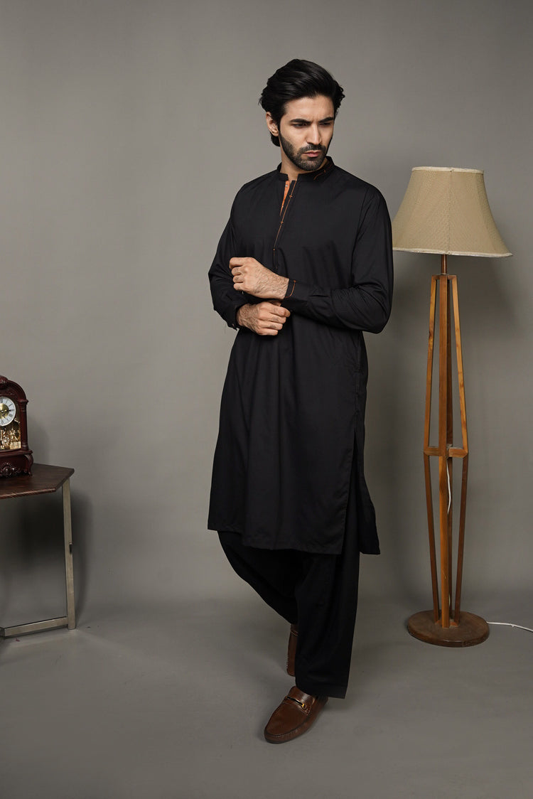 Picture of Black Pearl-Black Kameez Shalwar - BP35BK - Available at Raja Sahib