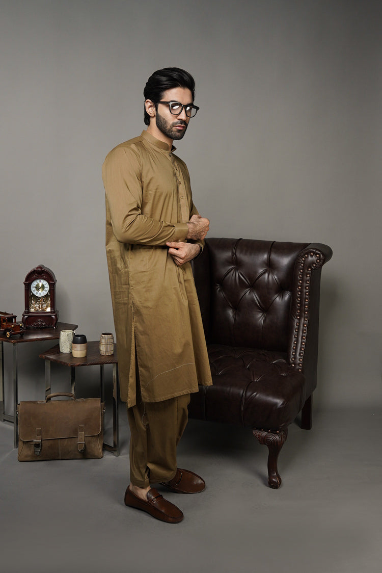 Picture of Black Pearl-Dark Goldenrod Kameez Shalwar - 1051BR - Available at Raja Sahib