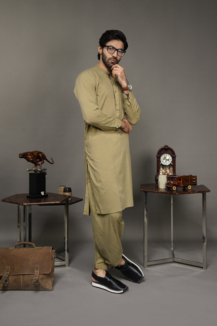 Picture of Black Pearl-Dark Khaki Kameez Shalwar - C13MH - Available at Raja Sahib