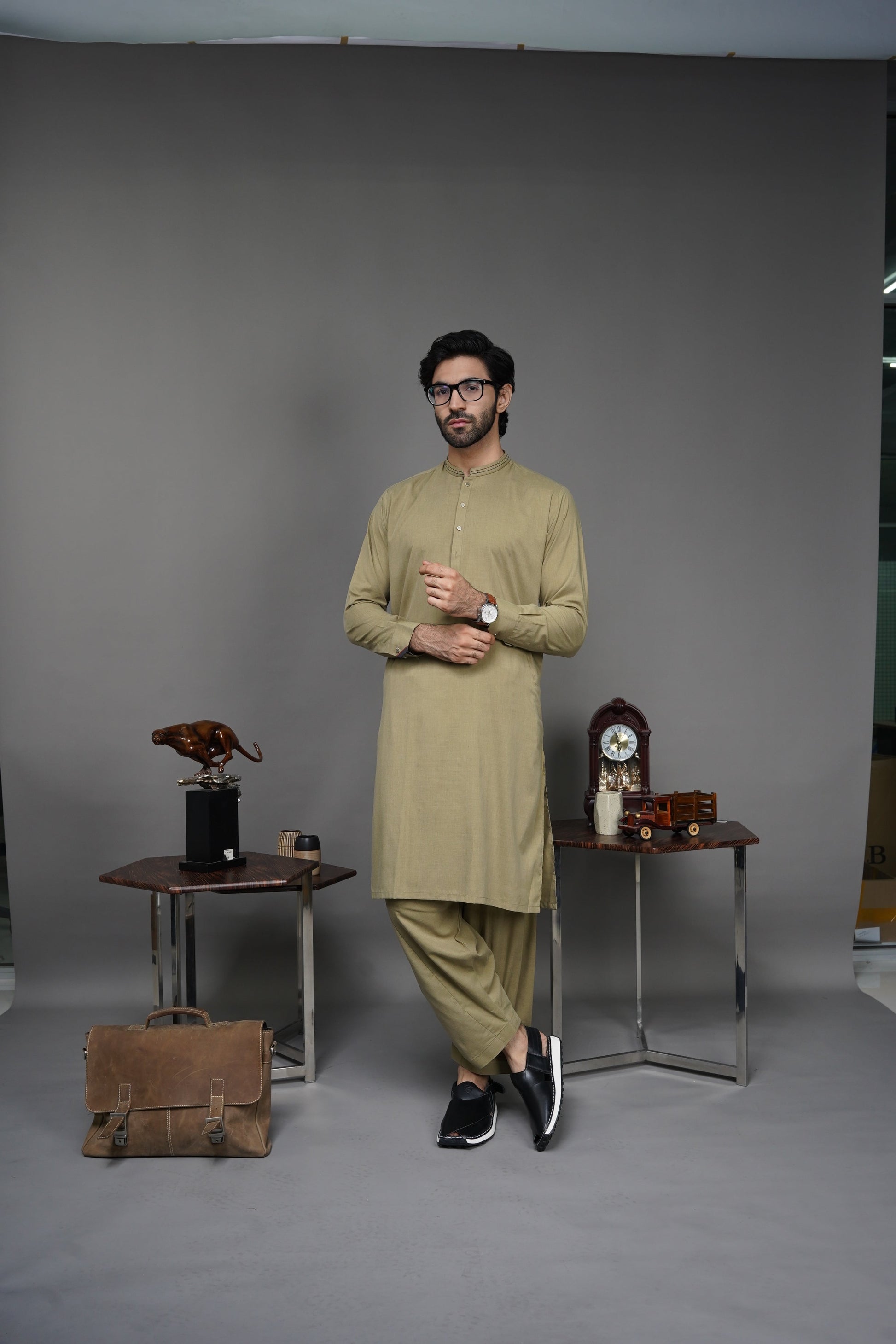 Picture of Black Pearl-Dark Khaki Kameez Shalwar - C13MH - Available at Raja Sahib