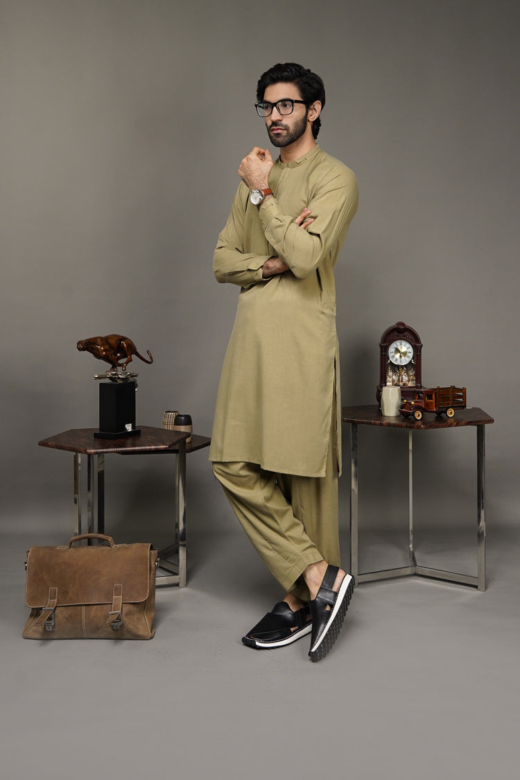 Picture of Black Pearl-Dark Khaki Kameez Shalwar - C27MH - Available at Raja Sahib