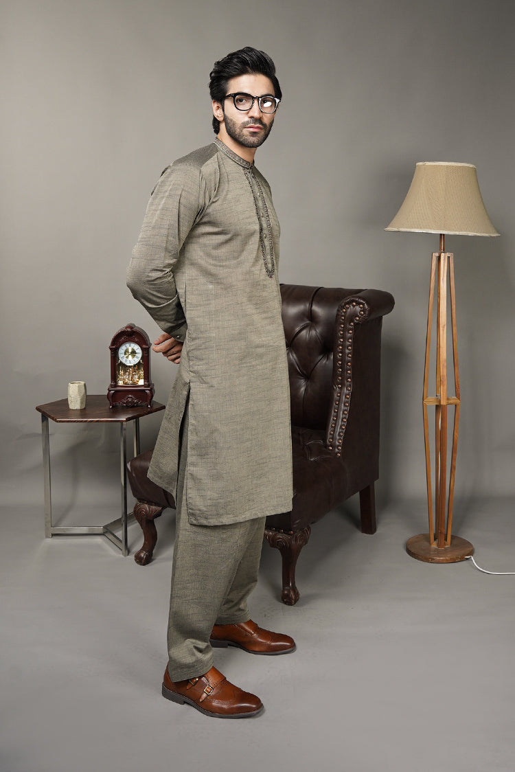 Picture of Black Pearl-Dark Khaki Kameez Shalwar - CT57GN - Available at Raja Sahib