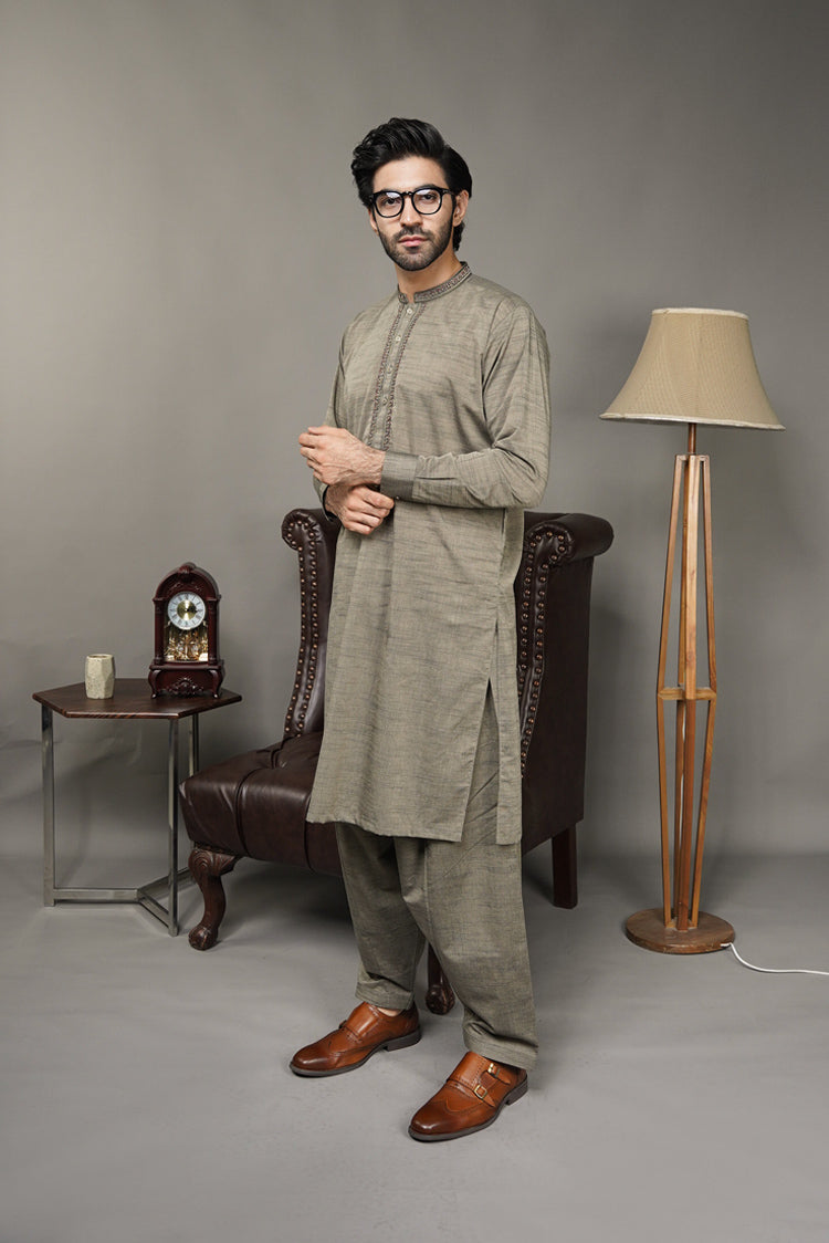 Picture of Black Pearl-Dark Khaki Kameez Shalwar - CT57GN - Available at Raja Sahib