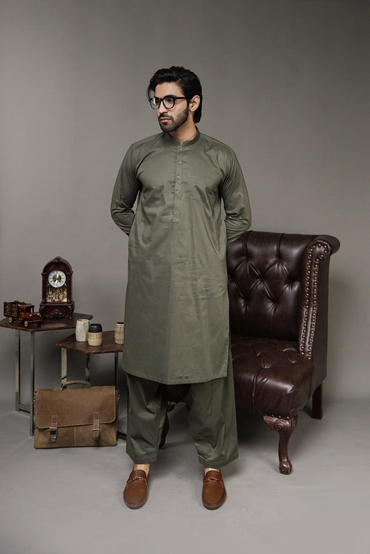 Picture of Black Pearl-Dark Olive Green Kameez Shalwar - 1051GN - Available at Raja Sahib