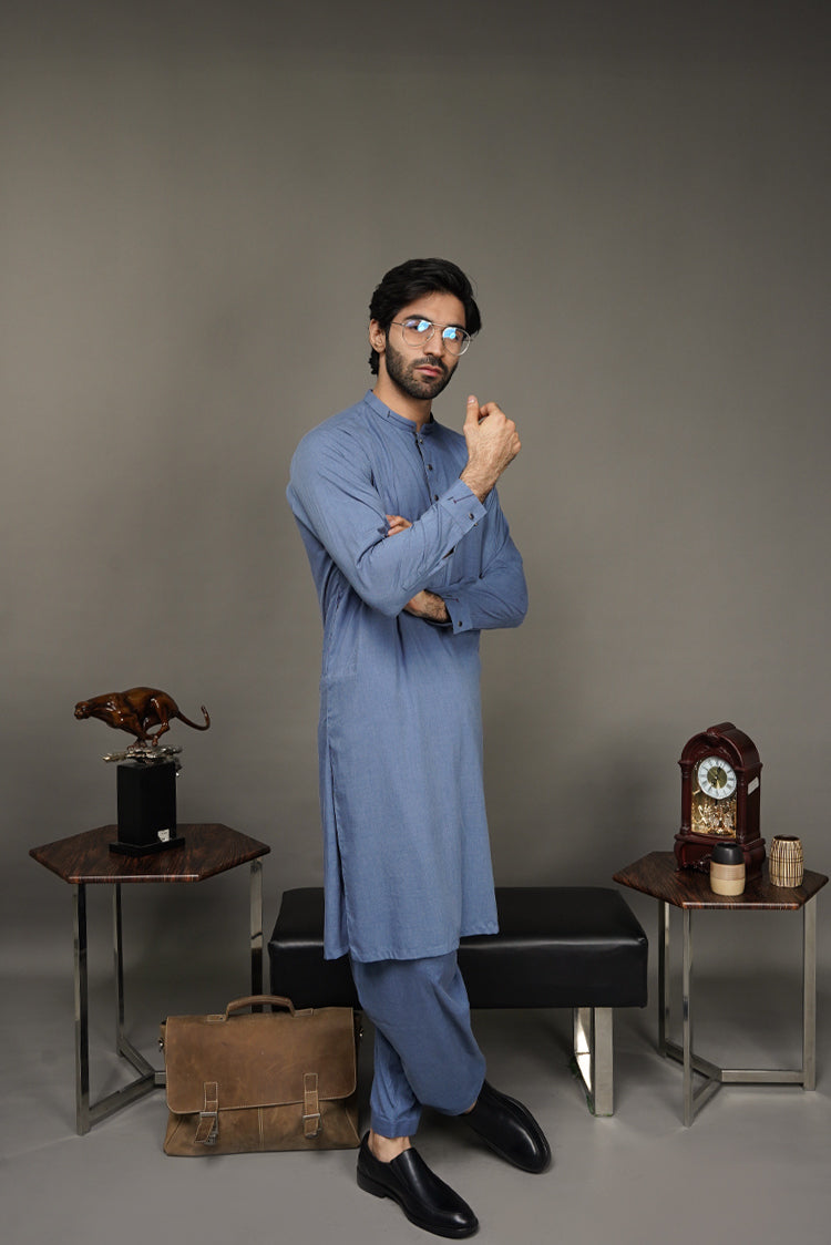 Picture of Black Pearl-Steel Blue Kameez Shalwar - C24BL - Available at Raja Sahib