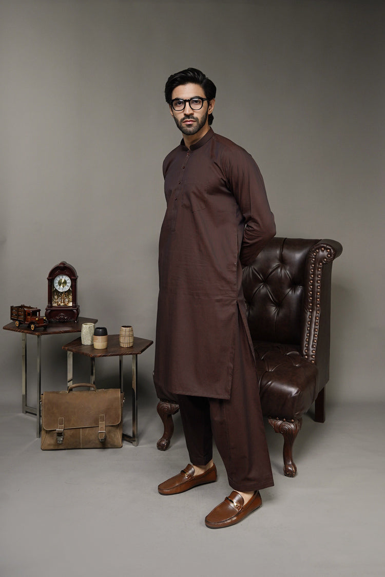 Picture of Black Pearl-Walnut Kameez Shalwar - 1050BR - Available at Raja Sahib