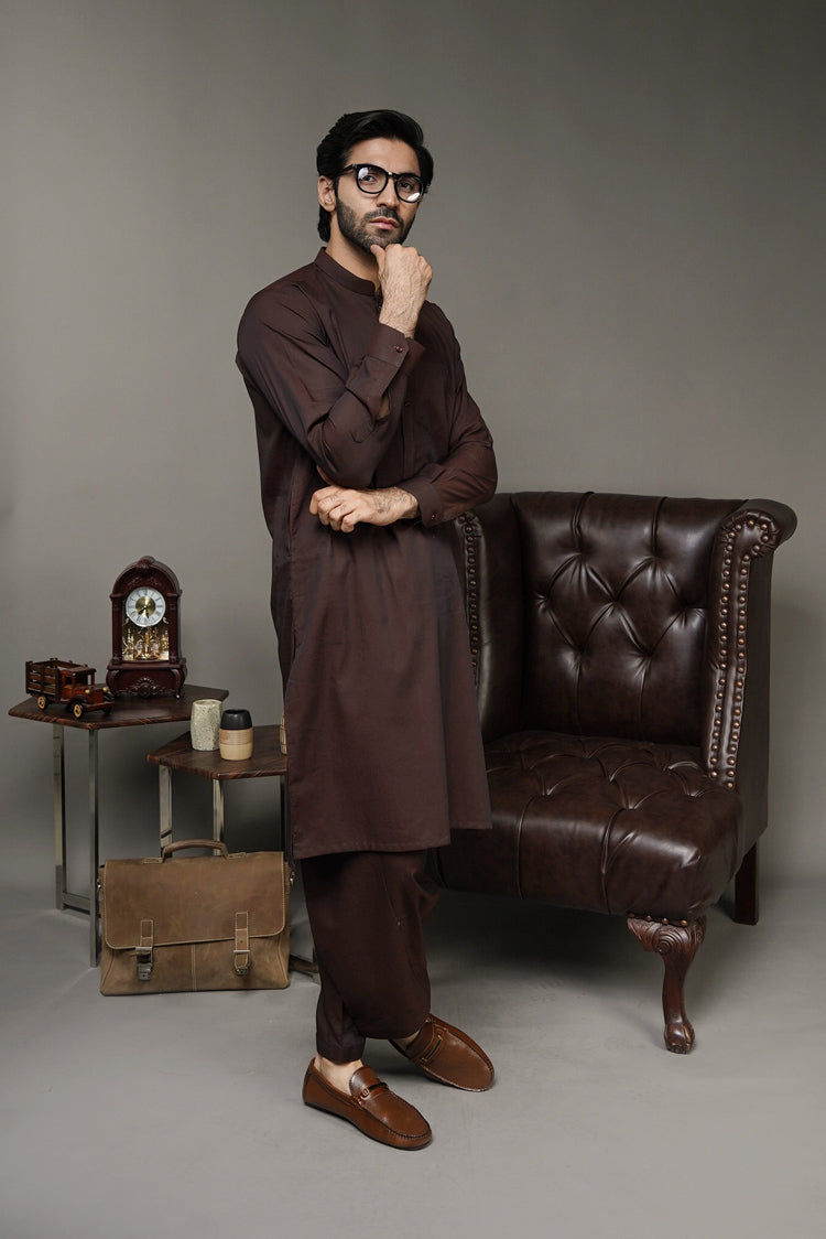 Picture of Black Pearl-Walnut Kameez Shalwar - 1050BR - Available at Raja Sahib